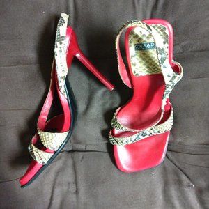 ❤️Vintage CASADEI Italy Designer Red Snake/Studded Square Toe Heels Shoes size 5